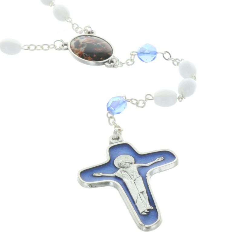 Mary Untier of Knots Glass rosary with Mater Dolorosa cross