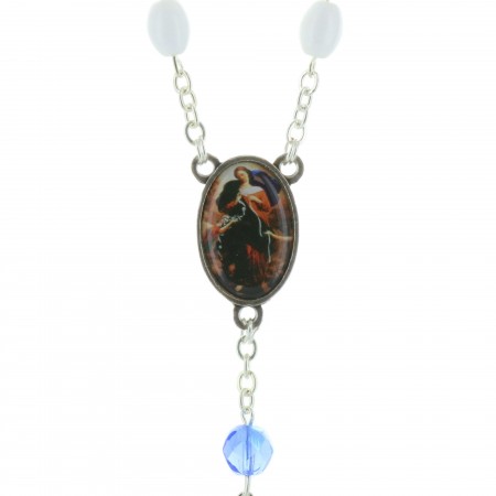 Mary Untier of Knots Glass rosary with Mater Dolorosa cross