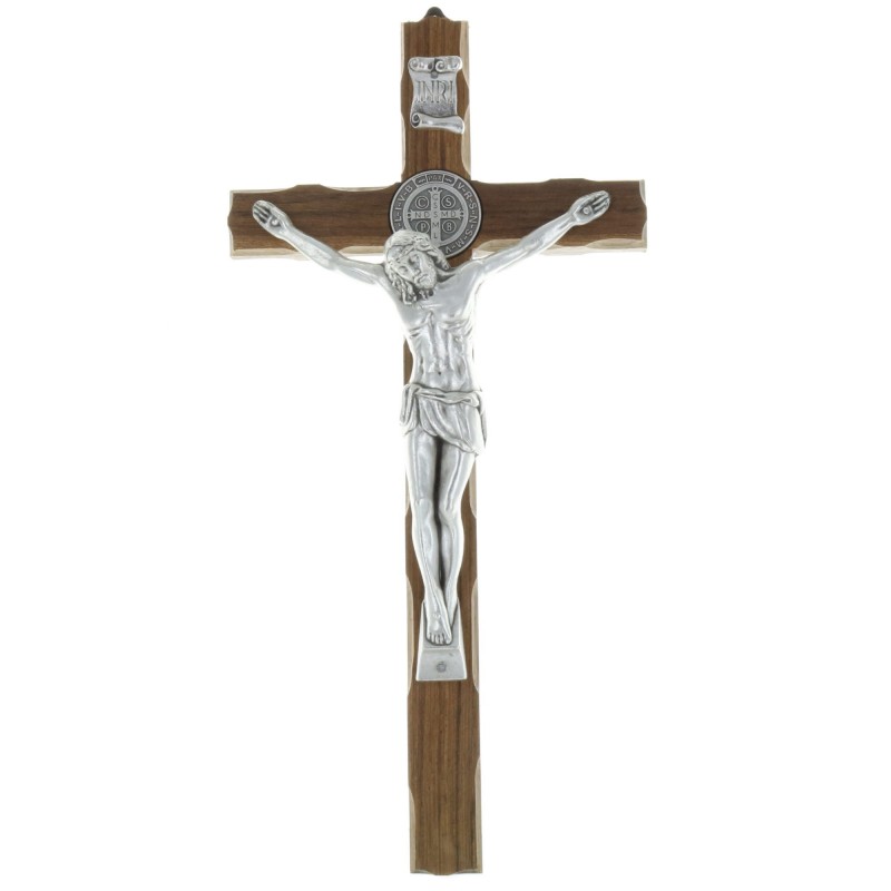 Crucifix de Saint Benoît en bois d'olivier et médaille colorée