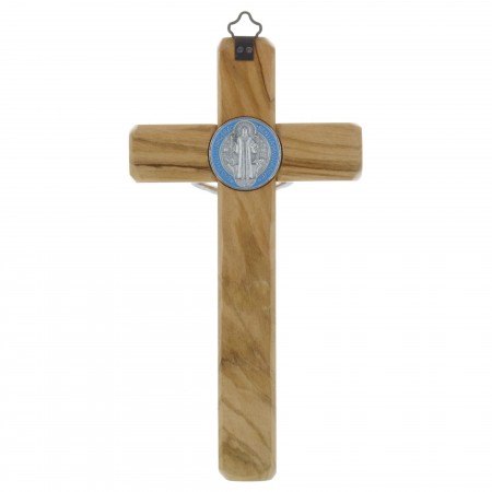 Crucifix de Saint Benoît en bois d'olivier et médaille colorée