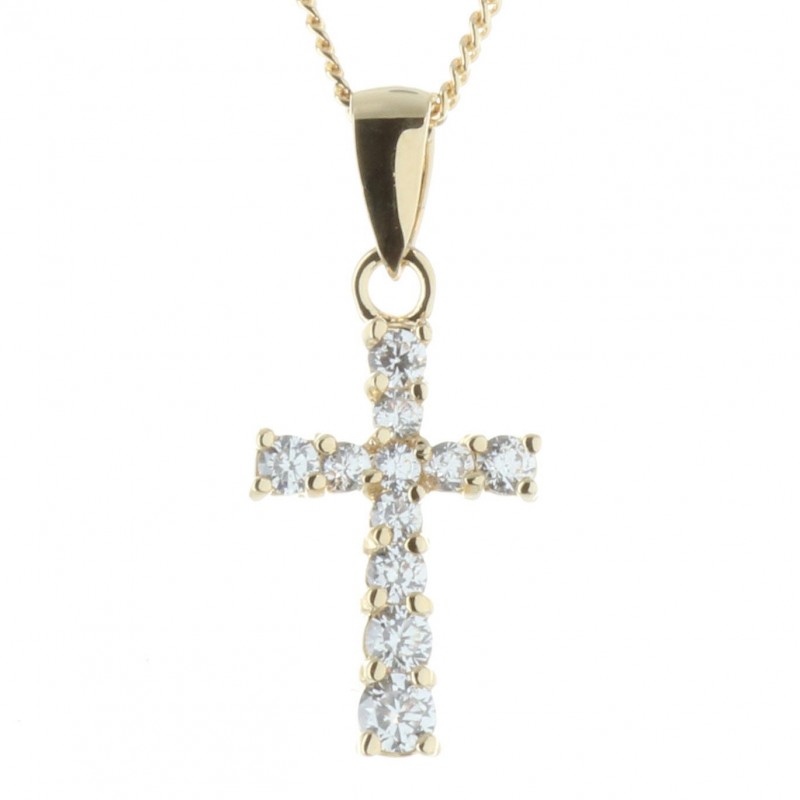 Parure pendentif croix Plaqué Or 18 carats avec zircon sur chaîne dorée 45cm