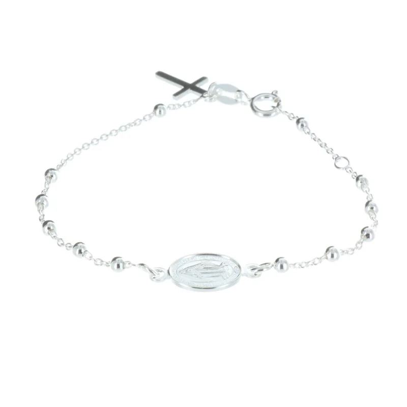 Silver rosary bracelet with a Miraculous medal and a cross pendant