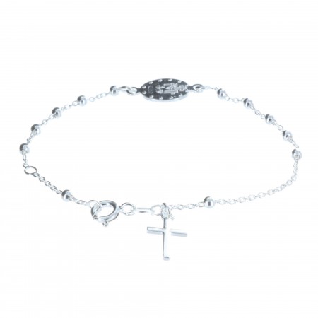 Silver rosary bracelet with a Miraculous medal and a cross pendant