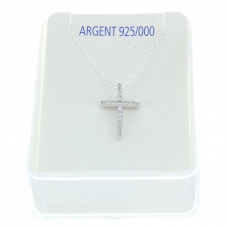 Parure en Argent, pendentif croix à strass sur chaîne de 50cm