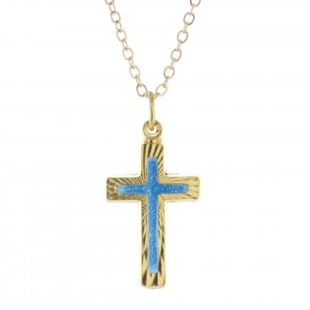 Parure dorée, pendentif croix bleuté sur chaîne de 50cm