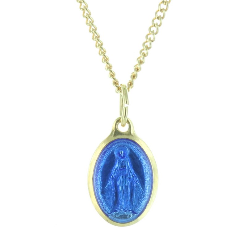 Parure dorée médaille de la Vierge Miraculeuse bleutée et chaîne de 50cm