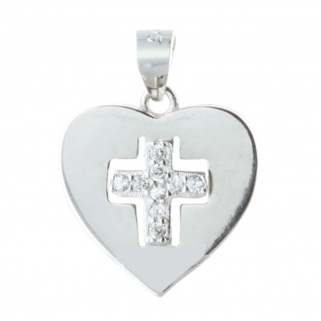 Silver heart-shaped medallion with a rhinestone cross