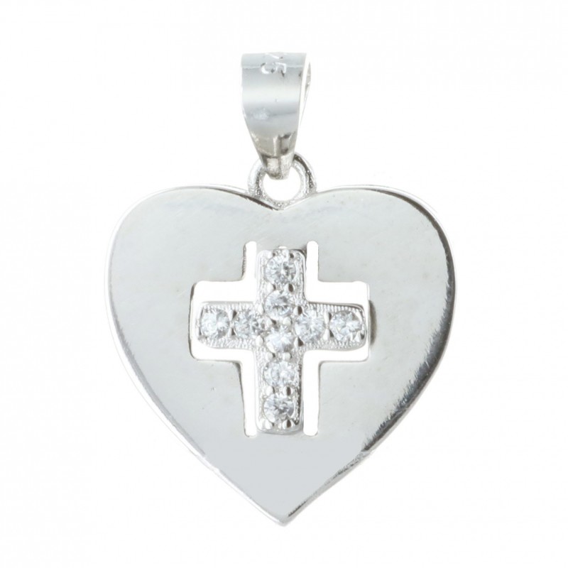 Silver heart-shaped medallion with a rhinestone cross