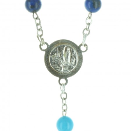 Lourdes silver plated rosary with lapis lazuli and Turquoise stones