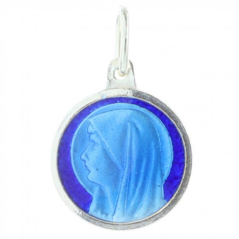 Médaille Argent de la Vierge Marie émaillée bleue