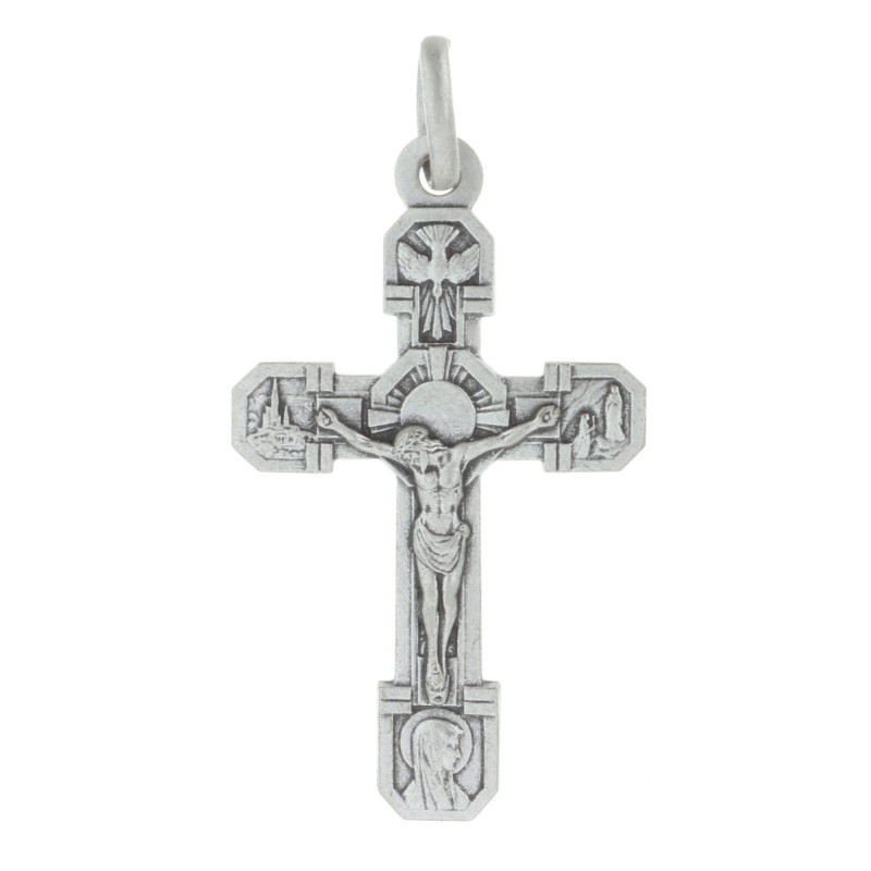 Ciondolo croce di Lourdes di metallo argentato 6,5cm