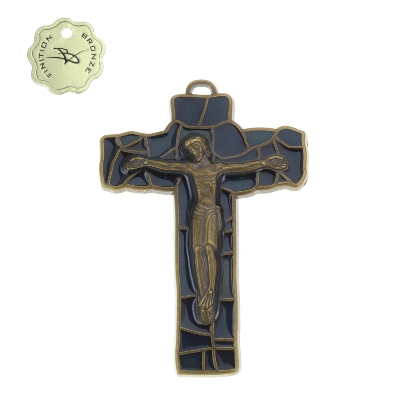 Crucifix métal finitions Bronze émaillé bleu foncé 8cm