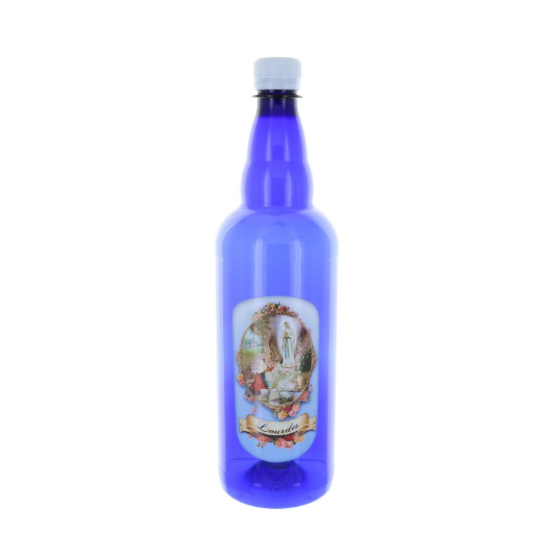 Bottiglia plastica azzurra 1L con acqua di Lourdes e Apparizione di Lourdes