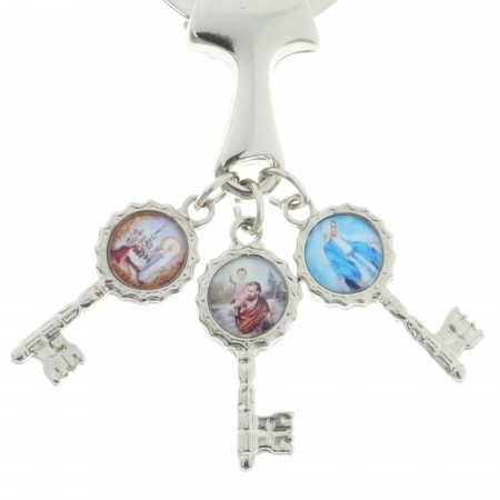 Porte-clés avec une croix de Tau et trois clés avec des images religieuses