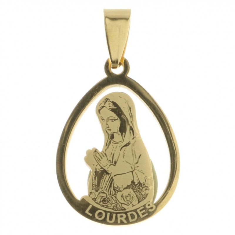 Medaglia della Madonna di Lourdes di acciaio tono oro