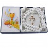 Communion rosary with wooden grains and its box