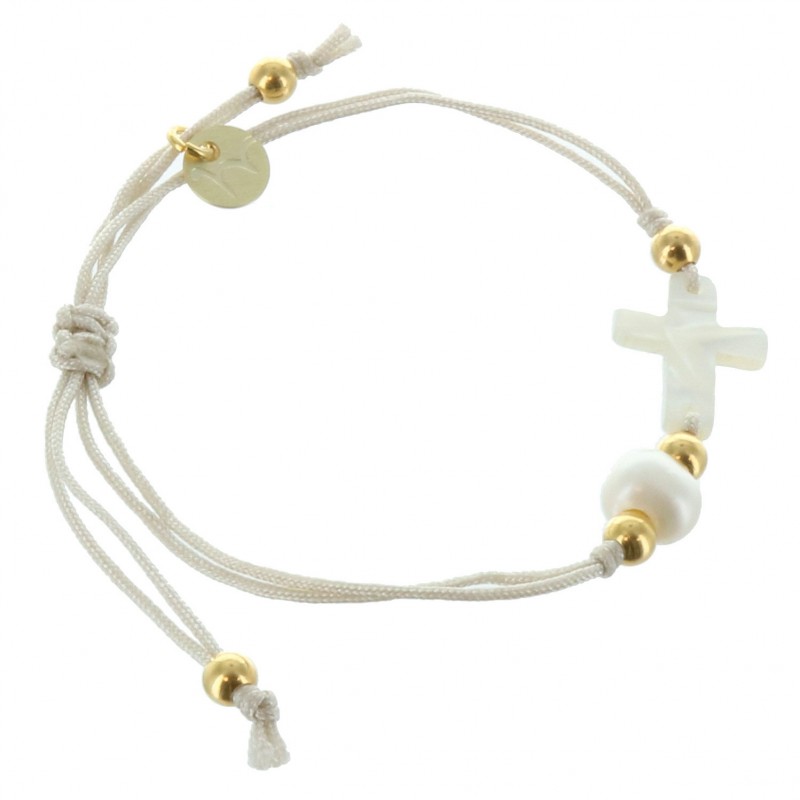 Bracelet de Communion en corde avec une croix en Nacre