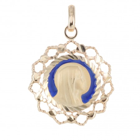 Médaille de la Vierge Marie en Plaqué Or 18 carats, contours dentelés et fond bleu 2cm