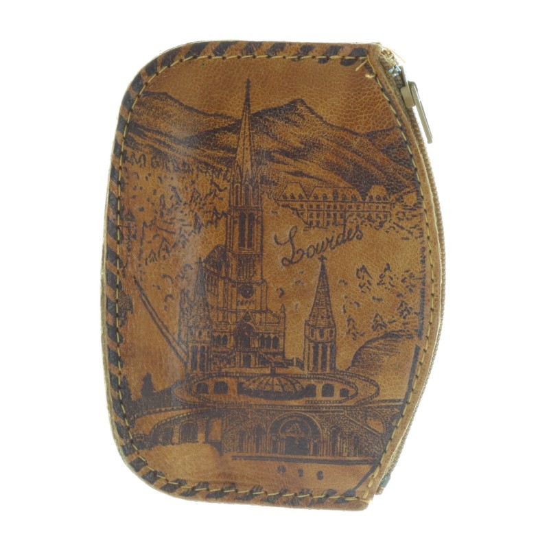 Genuine leather Lourdes Basilica coin purse with a zip