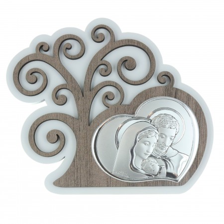 Cadre religieux avec un Arbre de Vie et la Sainte Famille en Argent 14 x 12cm