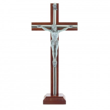 Crucifix en bois sur socle, décorations argentées 22cm