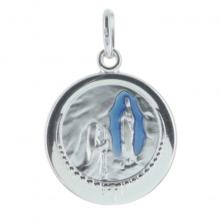 Médaille de Lourdes en Argent émaillée bleu