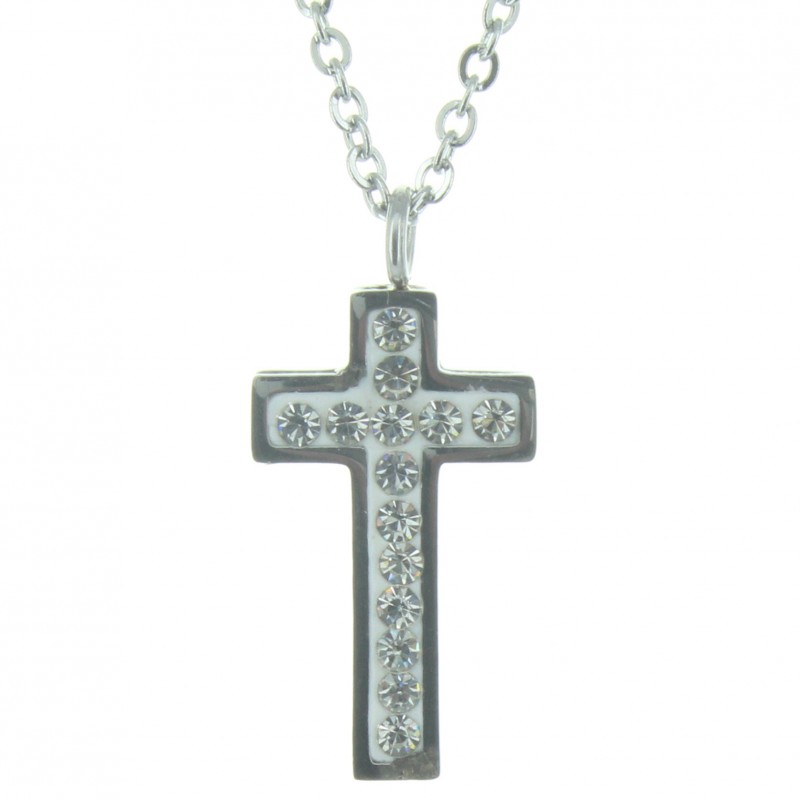 Parure avec un pendentif croix en strass et une chaîne argentée 48cm