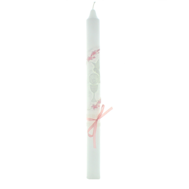 Cierge Baptême Communion Fille - 25cm Rose & Argent | Avec Autocollants Personnalisation