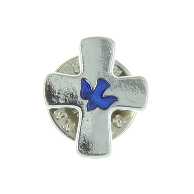 Pin's en forme de croix avec une colombe bleue
