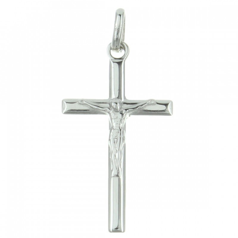 Croce in argento con Cristo e ciondolo con bordi smussati