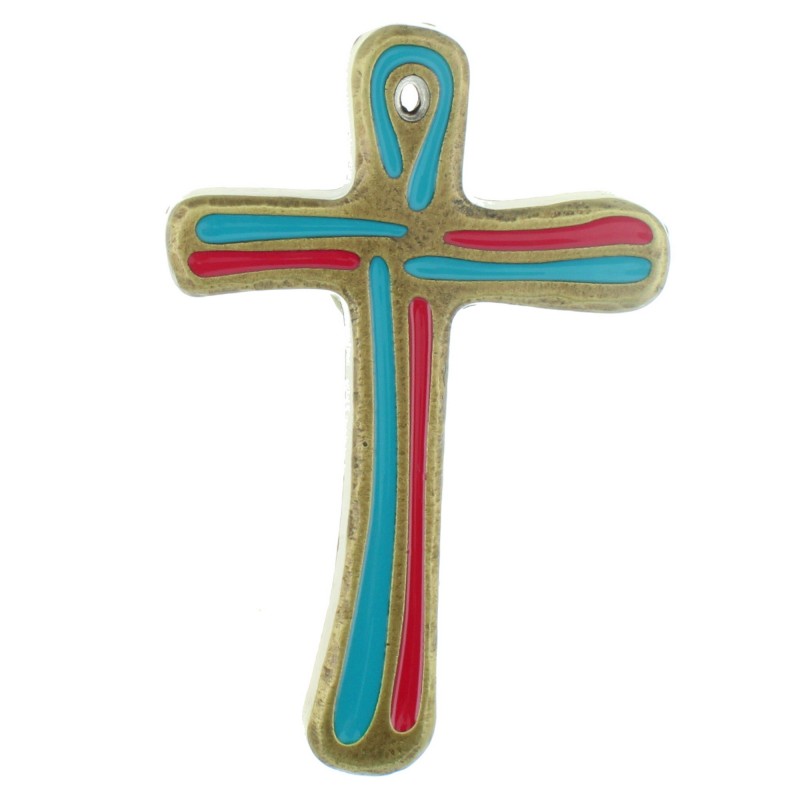 Crucifix en métal émaillé bleu et rouge 10cm
