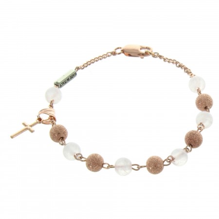 Bracelet religieux en Argent avec des perles en Quartz et Plaqué Or rose