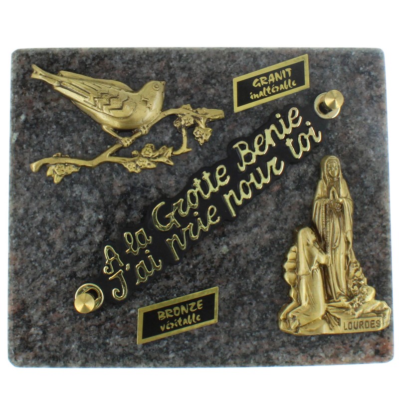 Plaque Funéraire de Lourdes rectangulaire en Granit et sujets en bronze 12x18cm