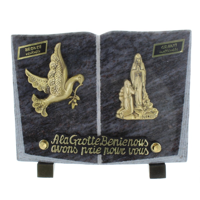 Lapide cimeteriala di Lourdes in granito a forma di libro 20x15cm
