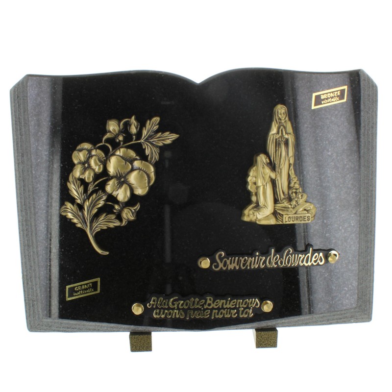 Plaque Funéraire en Granit en forme de livre avec l'Apparition de Lourdes en bronze 36x25cm