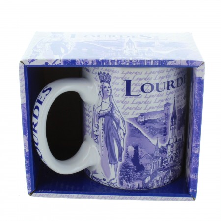 Mug de Lourdes avec des images de la Vierge et des lieux de Lourdes