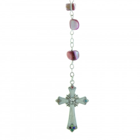 Genuine mother-of-pearl rosary and Lourdes Apparition strass centerpiece et coeur strass Apparition de Lourdes