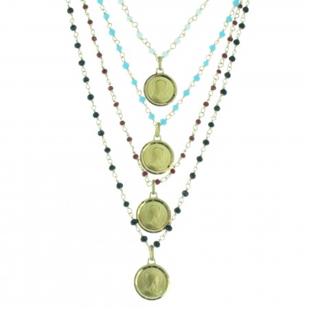 Collier en Plaqué Or avec une médaille de la Vierge Marie et des perles colorées