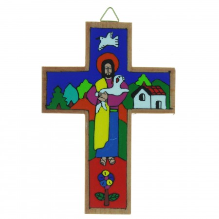 Wooden Crucifix with Jesus Good Shepherd 12cm