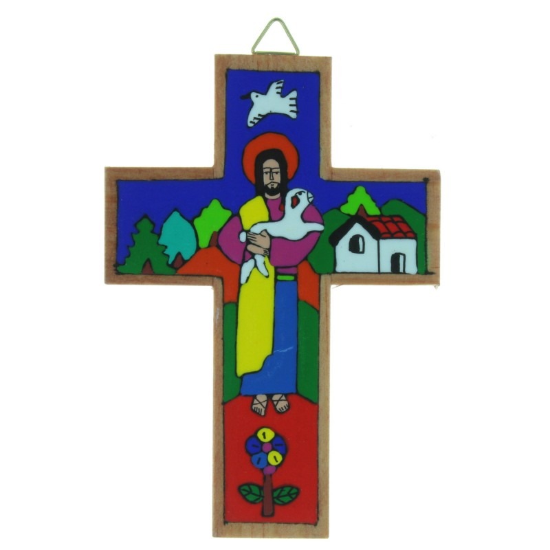 Crucifix bois avec le Christ Bon Pasteur 12cm