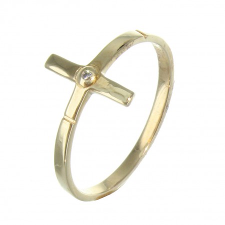 Gold plated ring with a cross and a zirconia