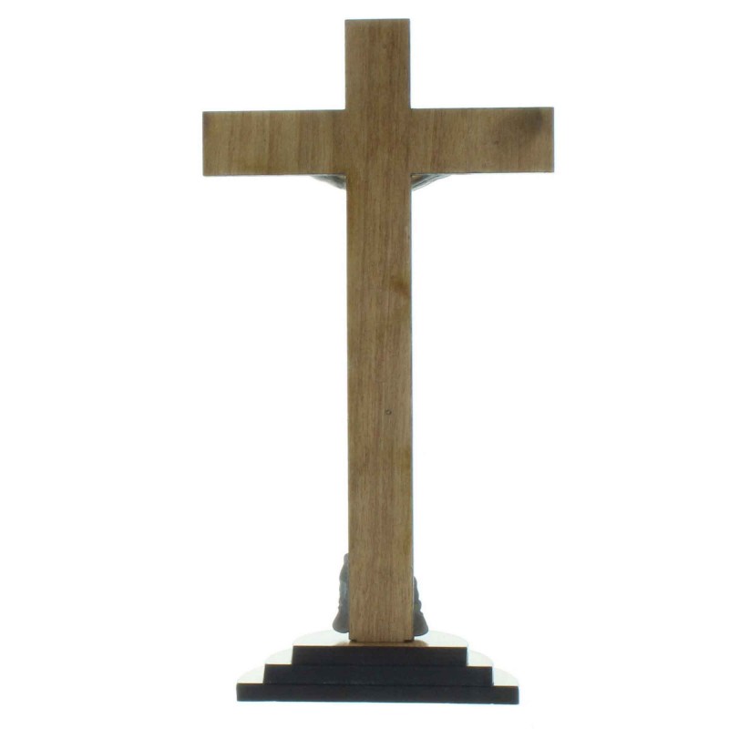 Crucifix bois sur pied avec le Christ et l'Apparition de Lourdes argentés 18cm
