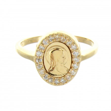 Bague Plaqué Or ovale ornée de strass avec la Vierge Marie