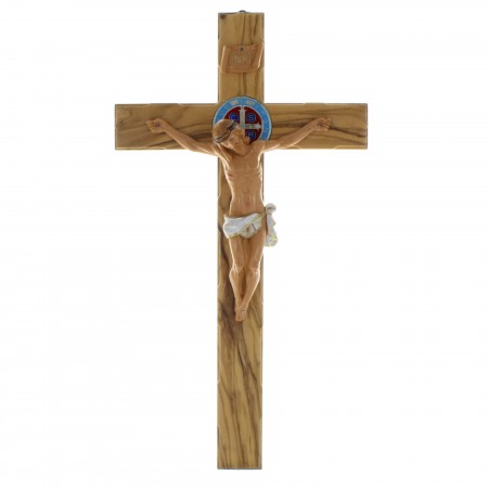 Crucifix de Saint Benoît en bois d'olivier avec le Christ réaliste 35cm