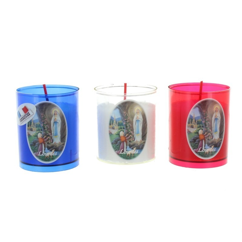 Set of 3 tricoloured Lourdes votive candles 6cm