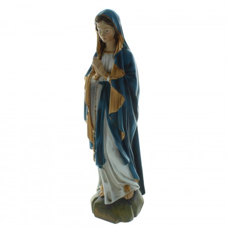 Statua della Madonna di Lourdes in resina con un velo blu e oro 40cm