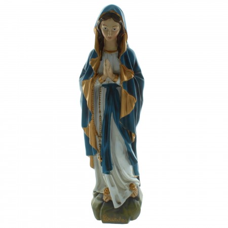 Statua della Madonna di Lourdes in resina con un velo blu e oro 40cm
