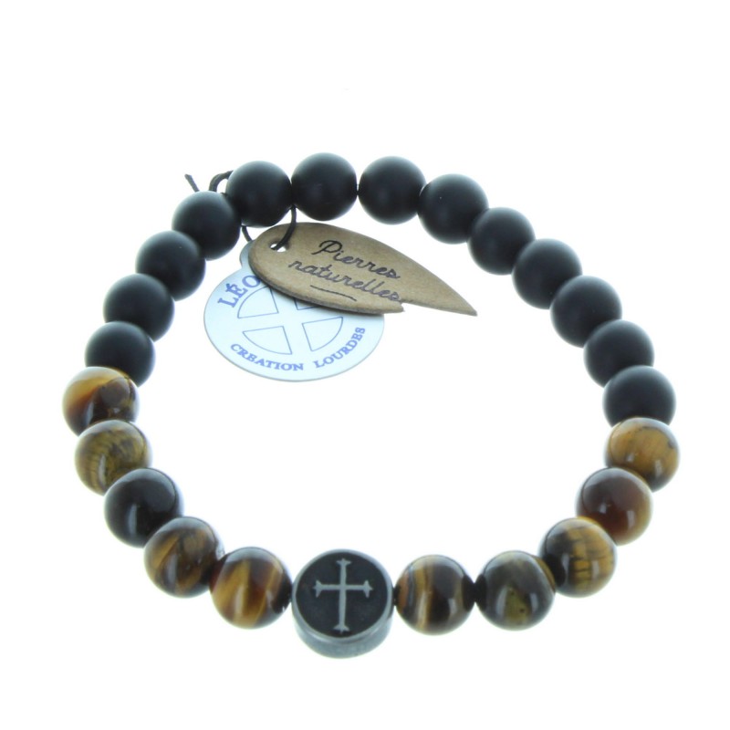 Tiger's eye and black agate stones religious bracelet