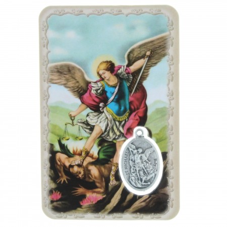 Saint Michael prayer card with a medal