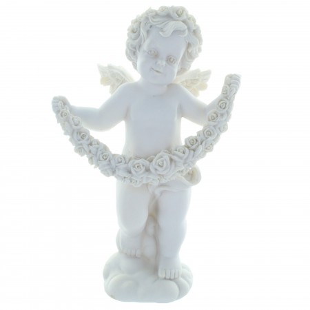 Statua di angelo bianco in piedi in resina con fiori 22cm